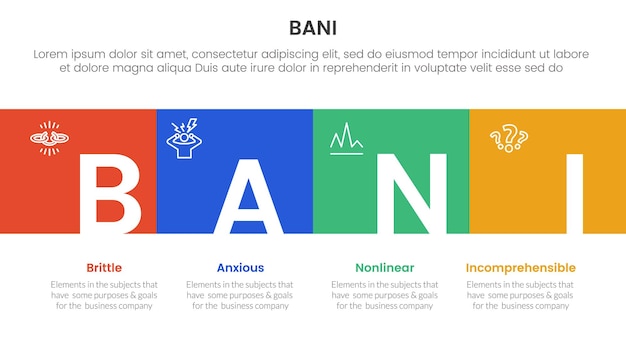 Vecteur bani cadre mondial infographique modèle d'étape en quatre points avec boîte carrée pleine largeur horizontale et badge de titre pour la présentation de diapositives