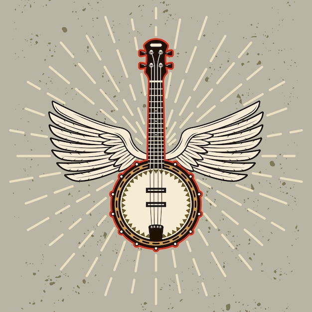 Vecteur banjo avec ailes angéliques et rayons dans un style coloré isolé sur fond clair avec illustration vectorielle de textures amovibles