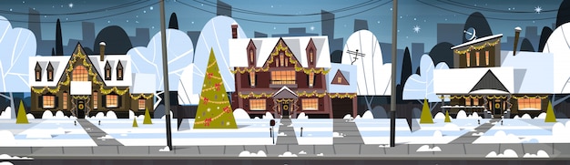 Banlieue D'hiver Vue Sur La Ville De La Neige Sur Les Maisons Avec Pin Décoré, Joyeux Noël Et Bonne Année Concept