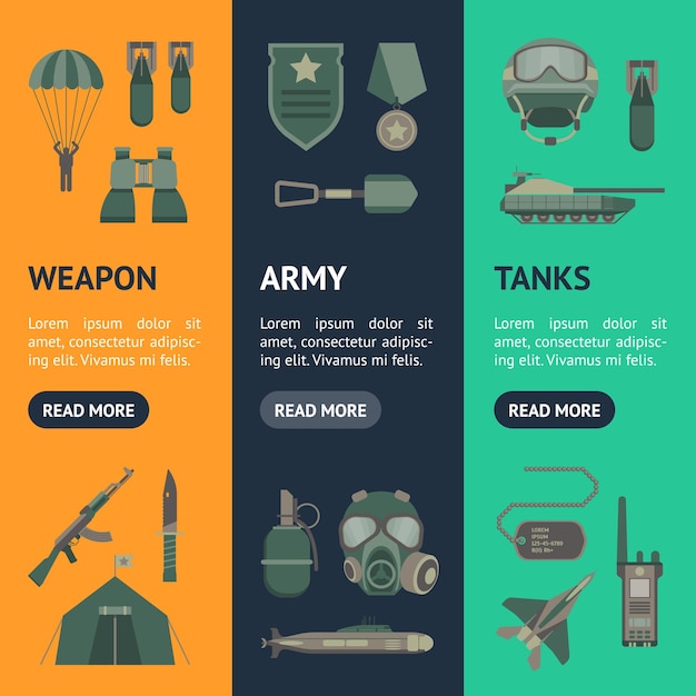 Banner d'armes de l'armée en couleur de dessin animé Set vectoriel Concept militaire Style de conception plate Inclure un casque de grenade, une bombe, un canon et une illustration vectorielle binoculaire