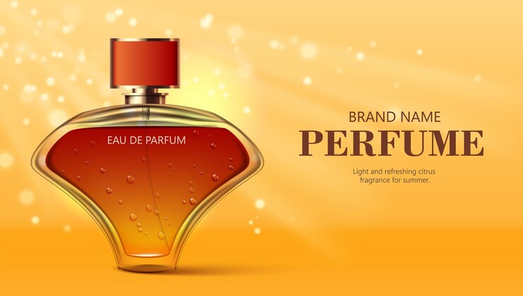 Vecteur banner de bouteille de parfum élégant avec un fond doré radiant