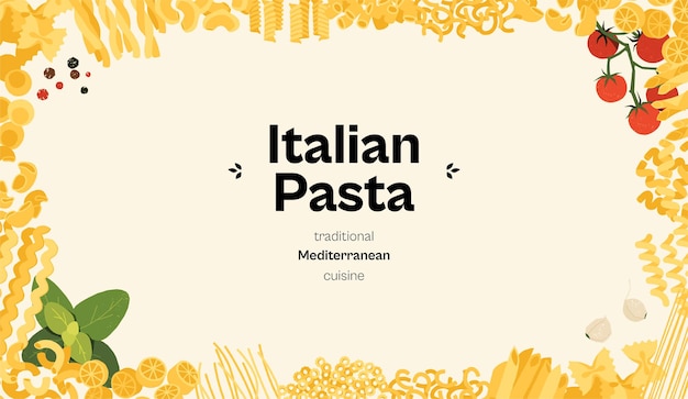 Banner de cadre de pasta italien Macaroni de dessins animés de différentes formes et types éléments de nouilles modernes pour la conception du menu du restaurant Illustration plate vectorielle