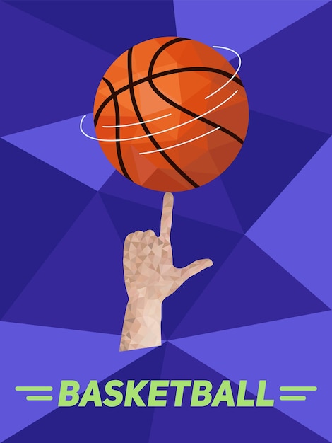 Banner de collage avec une balle de basket-ball tournante à la main sur le dessus du doigt en technique abstraite triangulaire