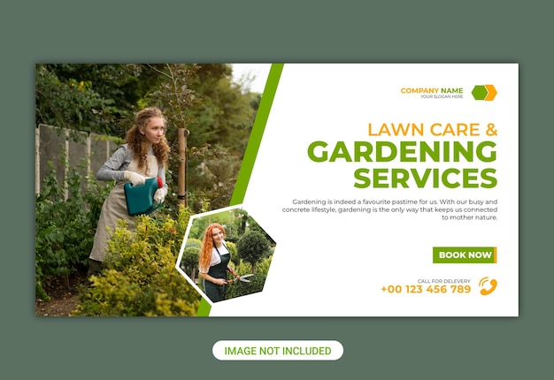 Vecteur banner horizontal et modèle de bannière web pour le service d'entretien de jardinage de pelouse propre et élégant