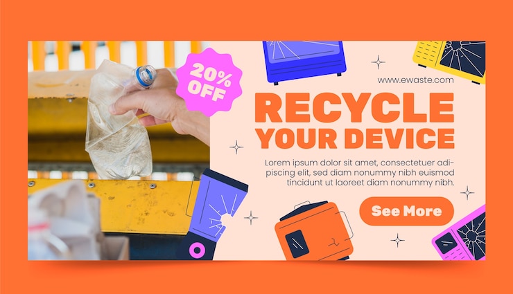 Vecteur banner horizontal de recyclage des déchets électroniques dessiné à la main