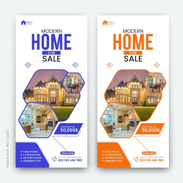 Banner ou modèle de conception de couverture pour la vente de maisons modernes immobilières