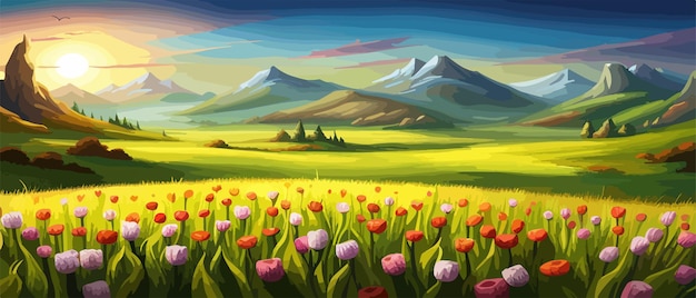 Vecteur banner paysage de printemps avec des arbres des montagnes des champs des tulipes des fleurs illustration vectorielle