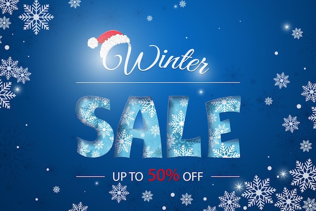 Bannière d'affiche de vente d'hiver avec des flocons de neige tourbillonnants sur un fond bleu foncé Style plat de vecteur