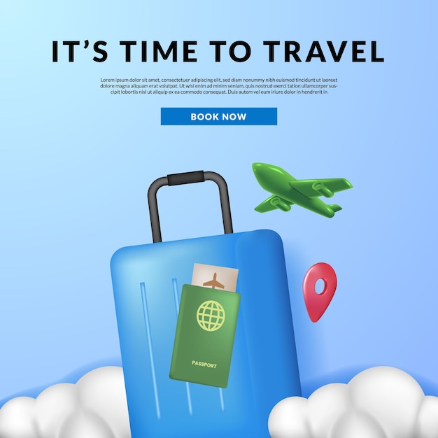 Bannière D'affiche De Voyage Avec Passeport D'avion De Bagages 3d Avec Fond De Ciel Bleu