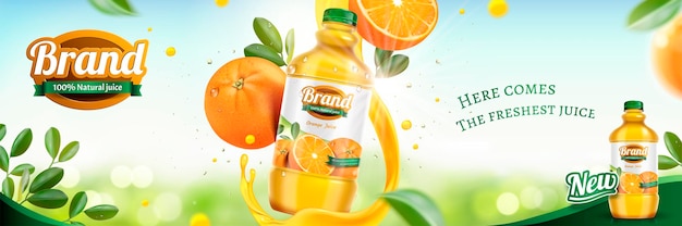 Bannière de bannière de jus d'orange avec des fruits frais et un liquide tourbillonnant sur une surface scintillante bokeh dans un style 3d