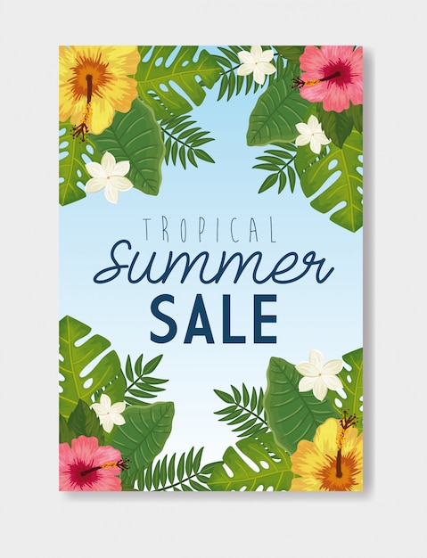 Bannière De Bannière De Vente D'été Tropical Avec Cadre Et Fleurs