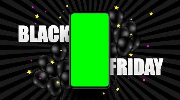 Bannière Black Friday avec maquette mobile de téléphone avec écran vert pour votre graphique