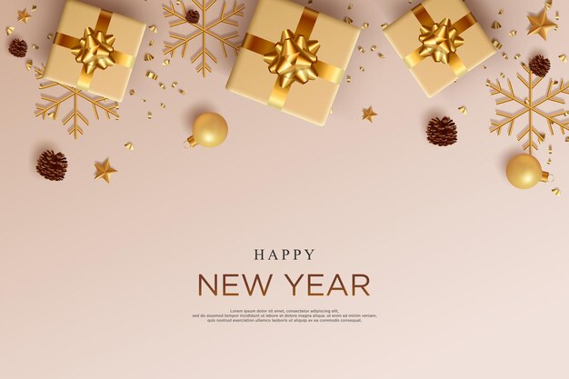 bannière de bonne année avec des cadeaux réalistes