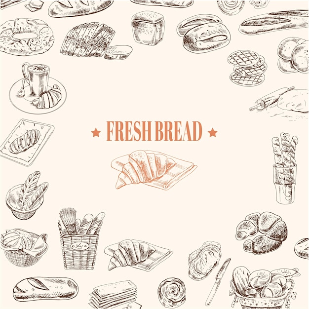 Bannière de boulangerie, pain frais, panier de petits pains, illustration dessinée à la main