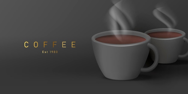 Vecteur bannière de café illustration 3d noire de café noir chaud avec de la vapeur dans une tasse noire