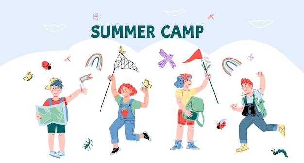 Bannière De Camp D'été Pour Enfants Ou Modèle D'affiche Avec Illustration Vectorielle De Dessin Animé Mignon Garçons Et Filles Fond De Bannière Pour Les Activités De Camping D'été Pour Enfants Aventure En Forêt Ou Randonnée