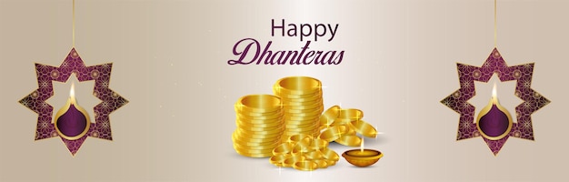 Bannière De Célébration Du Festival Indien Dhanteras Heureux Avec Pot De Pièce D'or