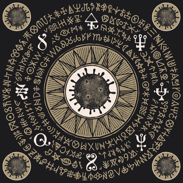 bannière avec des cellules de coronavirus et des runes sur fond noir
