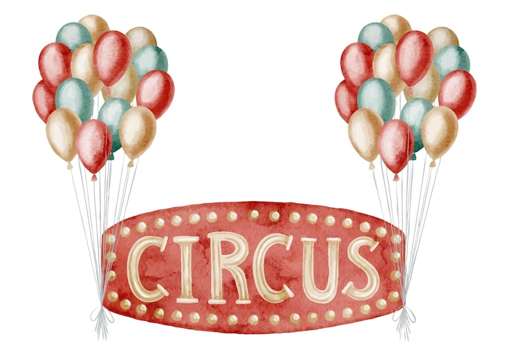 Vecteur bannière de cirque festive avec des ballons colorés et un texte vintage illustration à l'aquarelle du carnaval