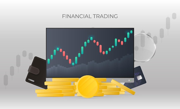 Bannière Commerciale Financière. Moniteur Affichant Les Cotations Boursières, Les Pièces D'or, Les Cartes Bancaires, Les Pièces De Monnaie Et La Loupe. Concept De Négociation D'investissement En Bourse. Illustration Vectorielle.