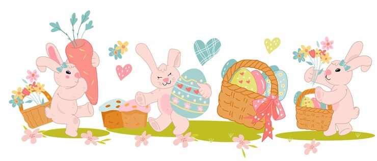 Bannière de composition horizontale avec lapin tenant le vecteur de paniers de Pâques