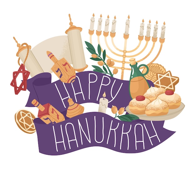 Vecteur bannière avec une composition sur le thème célébration de la fête juive traditionnelle hanukkah valeurs familiales et rituels religieux carte de voeux ou invitation illustration vectorielle isolée