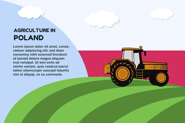 Bannière de concept d'agriculture en Pologne avec champ de tracteur et zone de texte agriculture et culture