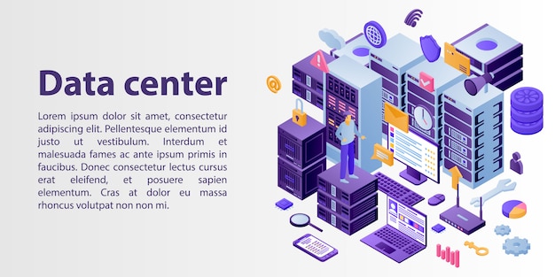 Bannière de concept de réseau de centre de données, style isométrique