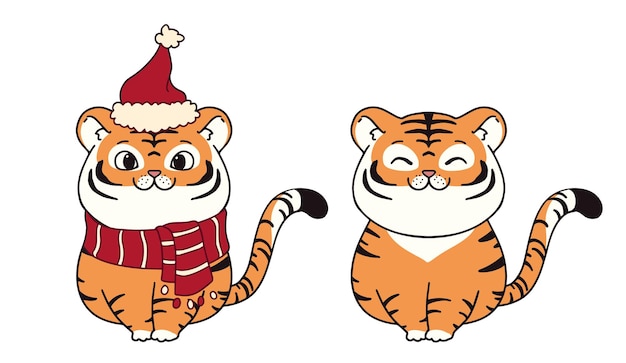 Bannière De Conception De Personnage D'illustration Mignonne De Petits Tigres Pour Noël. Style De Dessin Animé De Griffonnage.