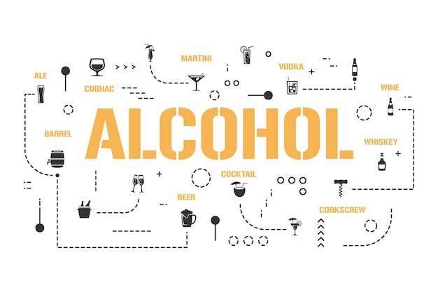 Bannière De Concepts De Mot Alcool. Différents Types De Boissons. Infographie De Boissons De Haute Qualité. Présentation, Site Internet. Idée Ui Ux. Typographie De Lettrage Isolé Avec Des Icônes De Glyphe. Plate Illustration Vectorielle.