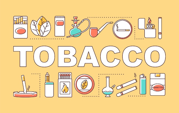 Bannière De Concepts De Mot Tabac. Industrie Des Produits Contenant De La Nicotine. Produits Pour Fumeurs. Présentation, Site Internet. Idée De Typographie De Lettrage Isolé Avec Des Icônes Linéaires. Illustration De Contour De Vecteur