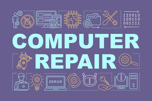 Bannière De Concepts De Mots De Réparation D'ordinateur. Réinstallation Du Système D'exploitation. Présentation, Site Internet. Refonte D'ordinateur Portable. Idée De Typographie De Lettrage Isolé Avec Des Icônes Linéaires. Illustration De Contour Vectoriel