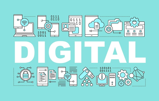 Bannière De Concepts De Mots De Technologie Numérique. L'informatique. Transfert De Données De Smartphone. Connexion Internet. Espace Archivage Sur Le Web. Idée De Typographie De Lettrage Isolé Avec Des Icônes Linéaires. Illustration De Contour Vectoriel