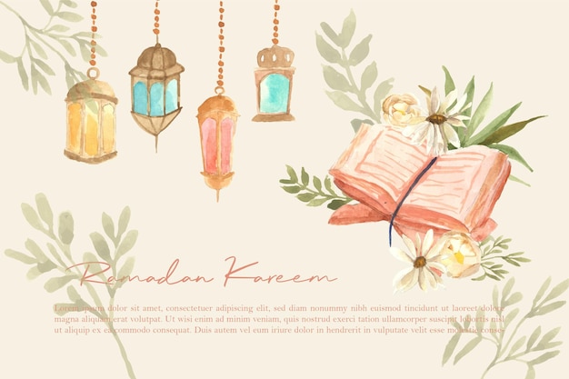 Bannière De Coran Lanterne Mignonne Aquarelle Ramadan Kareem