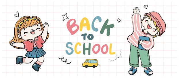 Bannière De Dessin Animé De Retour à L'école Avec Des étudiants Et Des Livres Heureux De Doodle Mignon