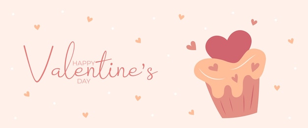 Bannière dessinée à la main avec un cupcake et des cœurs pour la Saint-Valentin Joyeux jour de la Saint-Valentin et bouton