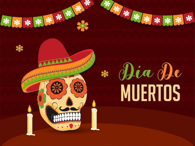 Bannière Dia De Muertos Ou Une Affiche Avec Une Illustration Du Crâne Orné Ou De La Calavera Portant Un Chapeau Sombrero Et Des Bougies Lumineuses Sur Un Abstrait Marron.