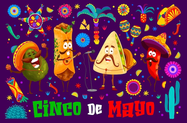 Bannière Du Cinco De Mayo Avec Des Personnages De La Nourriture Mexicaine