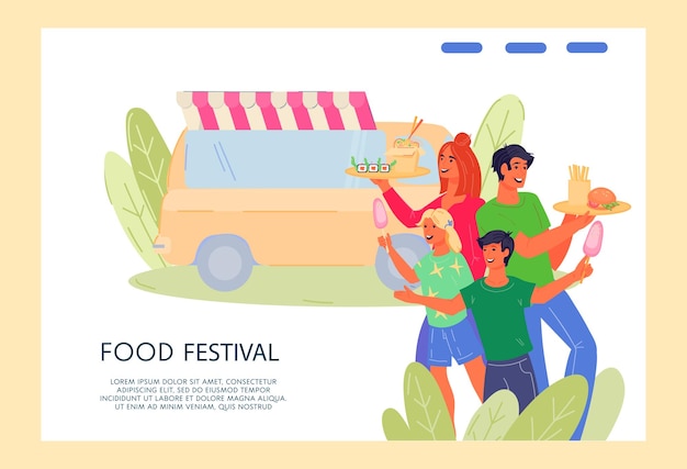 Bannière Du Festival De La Cuisine De Rue Avec Camion Et Personnes Concept De Restaurant Ou De Cafétéria De Fête Culinaire