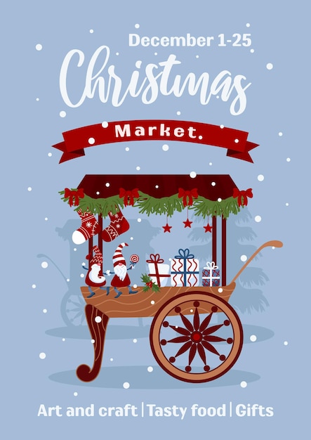 Bannière Du Marché De Noël. Chariots Décorés, Comptoirs D'étals De Foire. Petits Gnomes De Noël Lumineux En Casquettes, étoiles, Sucette, Cadeau. Illustration Vectorielle Pour Bannière Publicitaire, Affiche, Flyer