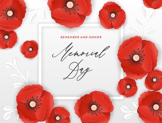 Bannière du Memorial Day avec des fleurs de pavot coupées en papier rouge. Affiche du jour du souvenir avec le symbole des coquelicots pour flyer, brochure, dépliant. Illustration vectorielle