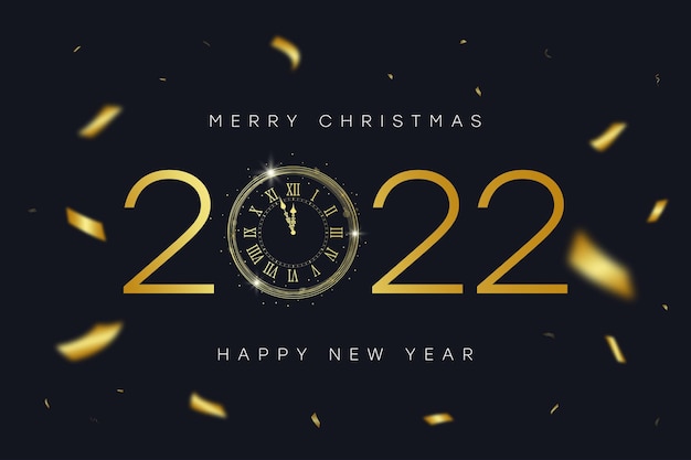 Bannière Du Nouvel An 2022 Et Joyeux Noël Avec Horloge Vintage En Or Avec Chiffres Et Confettis Dorés