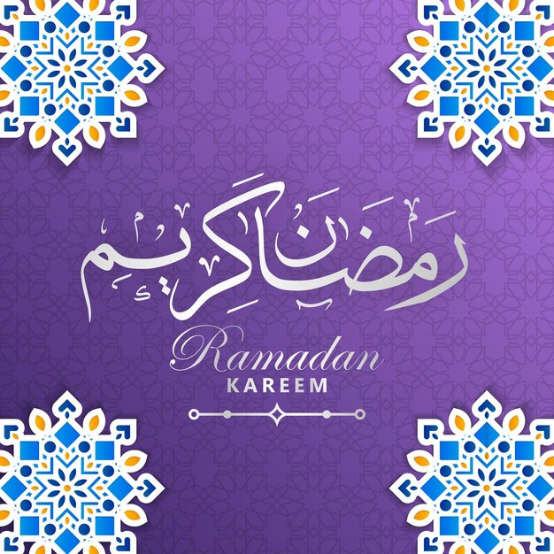 Vecteur bannière du ramadan kareem avec ornement islamique et motif de fond violet à gradient abstrait 3