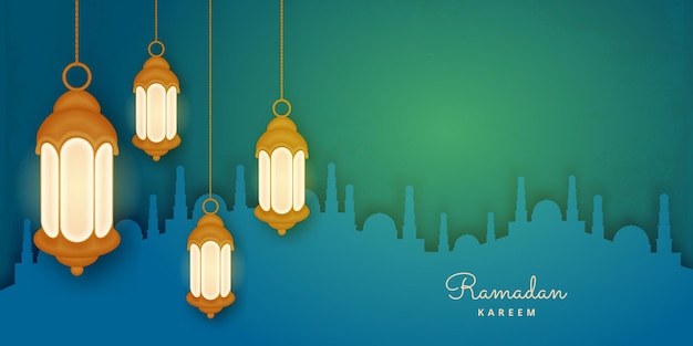 Bannière Du Ramadan Avec La Silhouette De La Lanterne Et De La Mosquée