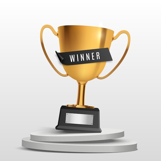 Bannière du vainqueur Coupe de trophée réaliste en or avec podium Arrière-plan de la nomination du prix vectoriel