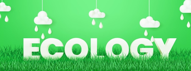 Vecteur une bannière écologique 3d moderne présentant des éléments écologiques, des nuages d'herbe réalistes et de la pluie
