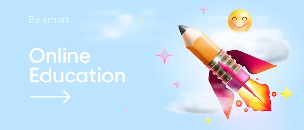 Bannière D'éducation En Ligne Avec Illustration Vectorielle De Dessin Animé Volant Fusée Crayon