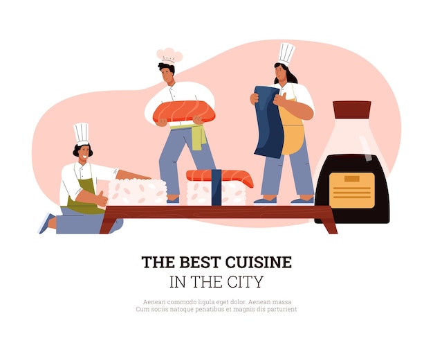 Vecteur bannière ou enseigne de restaurant japonais avec illustration vectorielle de chefs de sushi
