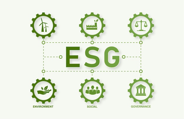 Bannière ESG sur les concepts environnementaux, sociaux et de gouvernance avec une icône de roue dentée et une icône ESG