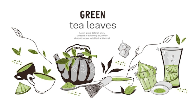 Bannière ou étiquette pour le thé vert ou la poudre de matcha avec théière et mochi